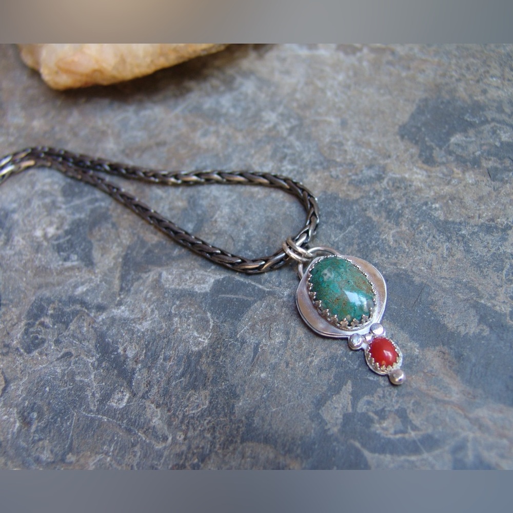 Amazonite and Coral Handmade Sterling Silver Pendant on Plated Silver Chain